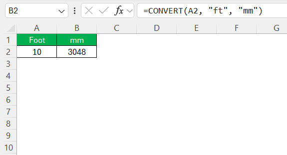 Foot to MM in Excel