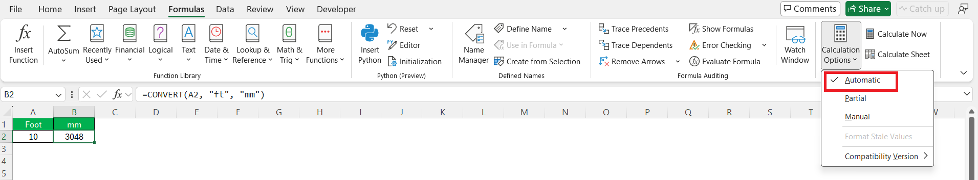 Foot to MM in Excel