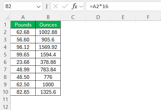 Lb to Ounces in Excel