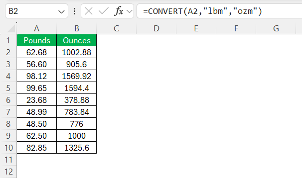 Lb to Ounces in Excel