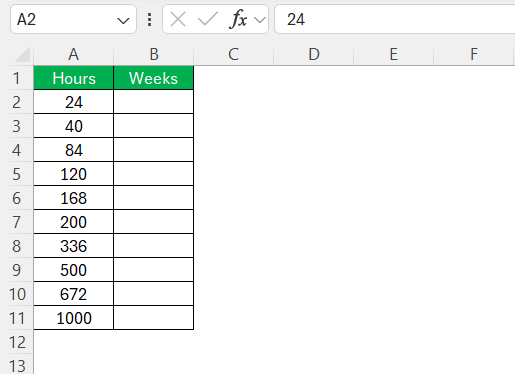 Hours to Weeks in Excel