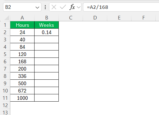 Hours to Weeks in Excel