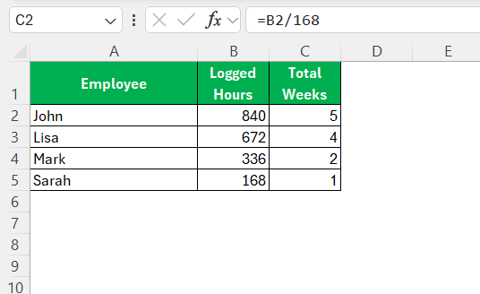Hours to Weeks in Excel