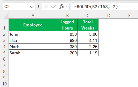 Hours to Weeks in Excel