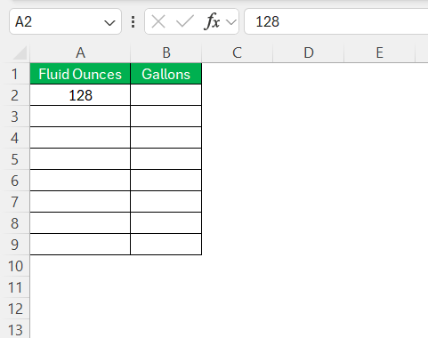 128 Oz to Gal in Excel