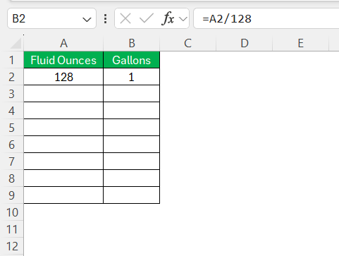 128 Oz to Gal in Excel