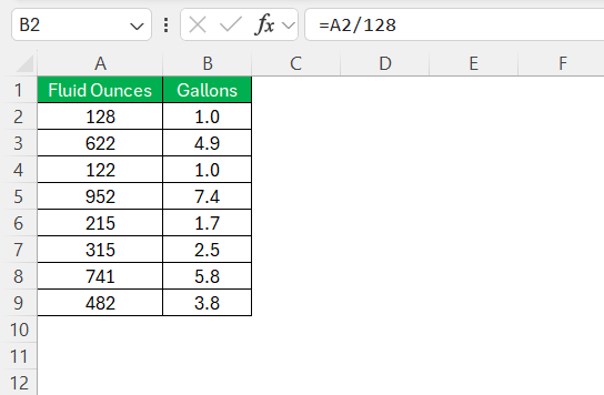128 Oz to Gal in Excel