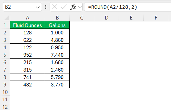 128 Oz to Gal in Excel