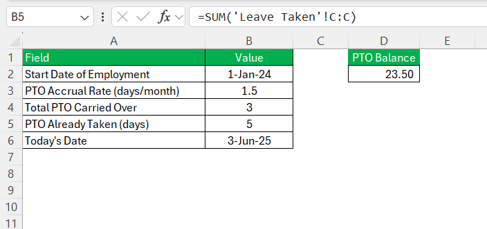 PTO Calculator in Excel