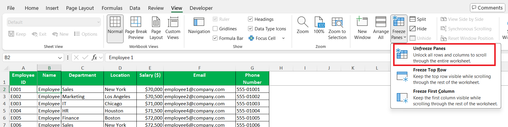 How to Unfreeze Panes in Excel