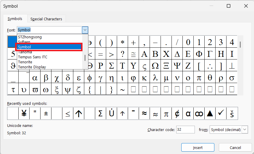 Font Symbols in Excel
