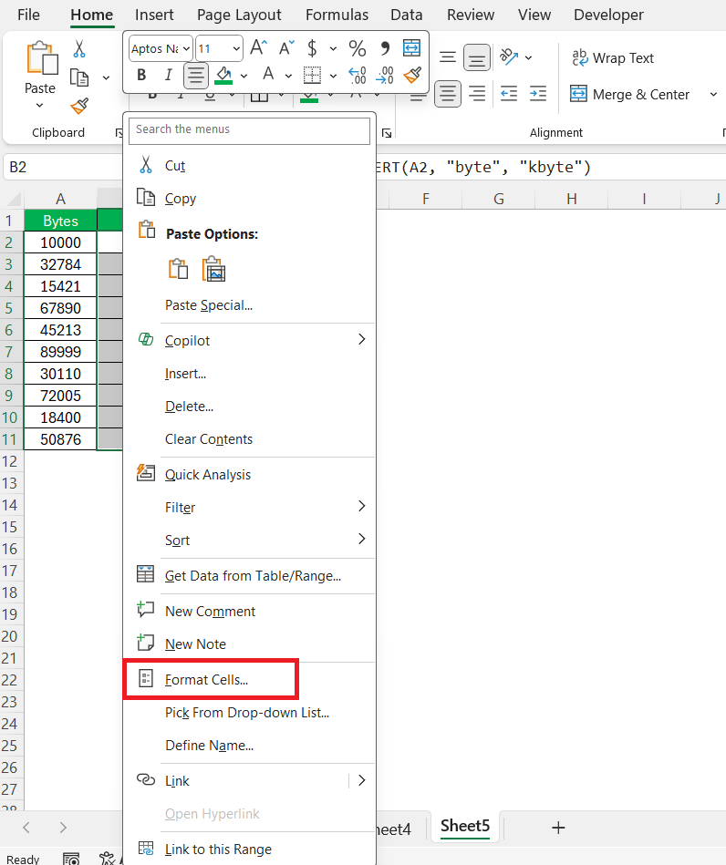 Bytes to KB