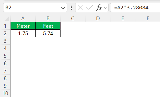 1.75m to Feet in Excel