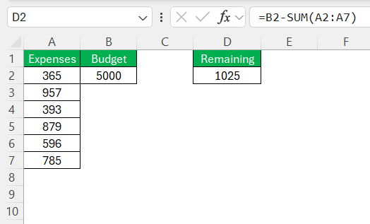 Minus in Excel