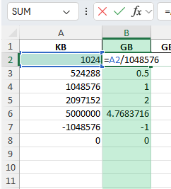 convert kb to gb