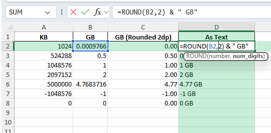 convert kb to gb