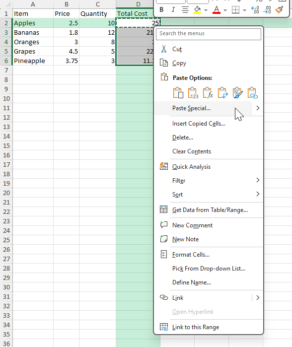 copy a formula in Excel
