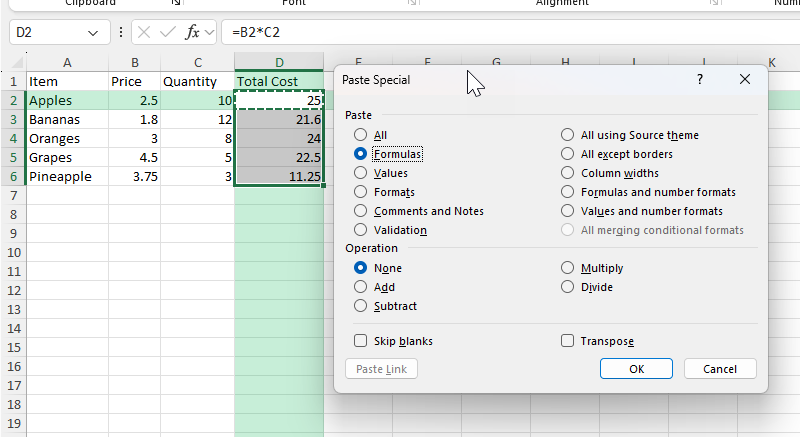 copy a formula in Excel