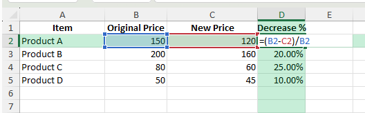 decrease in percentage