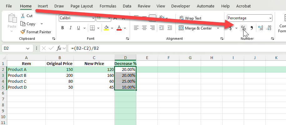 decrease in percentage