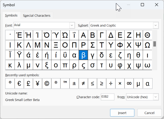 greek symbols in Excel