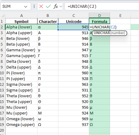 greek symbols in Excel