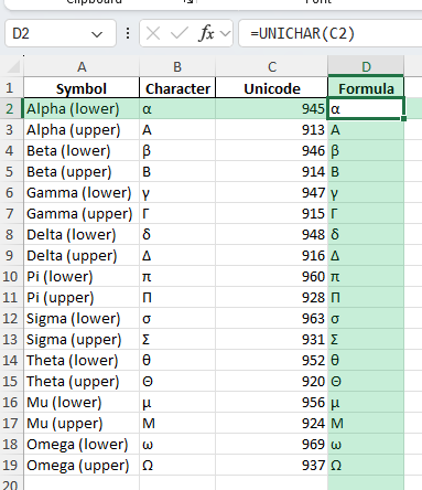 greek symbols in Excel