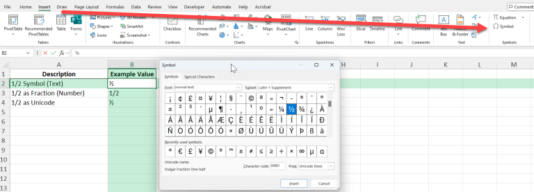 Simbol Database Excel How to Insert the 1/2 Symbol in Excel | MyExcelOnline