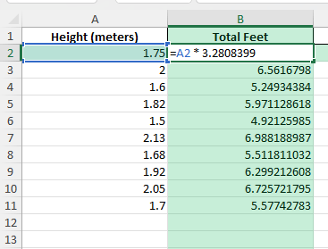 meters to feet and inches