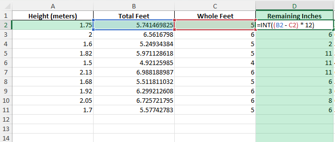 meters to feet and inches