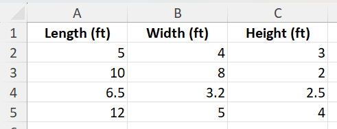 cubic feet in Excel