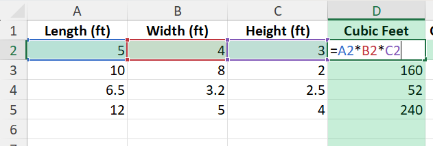 cubic feet in Excel