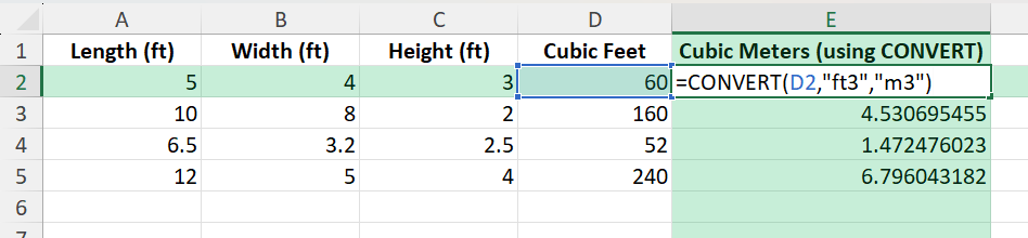 cubic feet in Excel