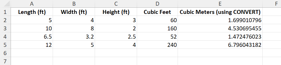 cubic feet in Excel