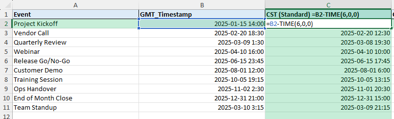 gmt time zone to cst
