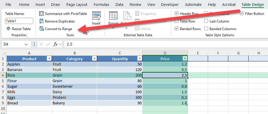 how to remove table in Excel