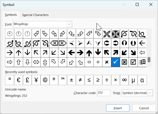 tick sign in excel