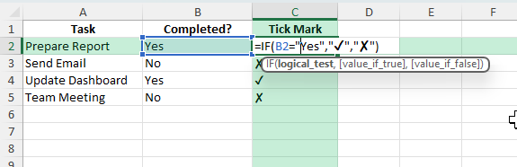 tick sign in excel
