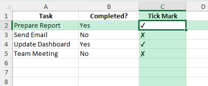 tick sign in excel