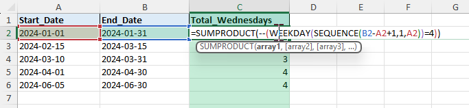wednesdays between two dates