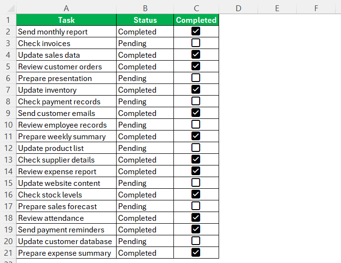 If complete show checkmark in Excel