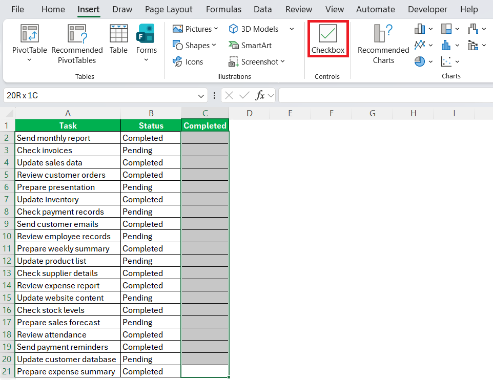 If complete show checkmark in Excel