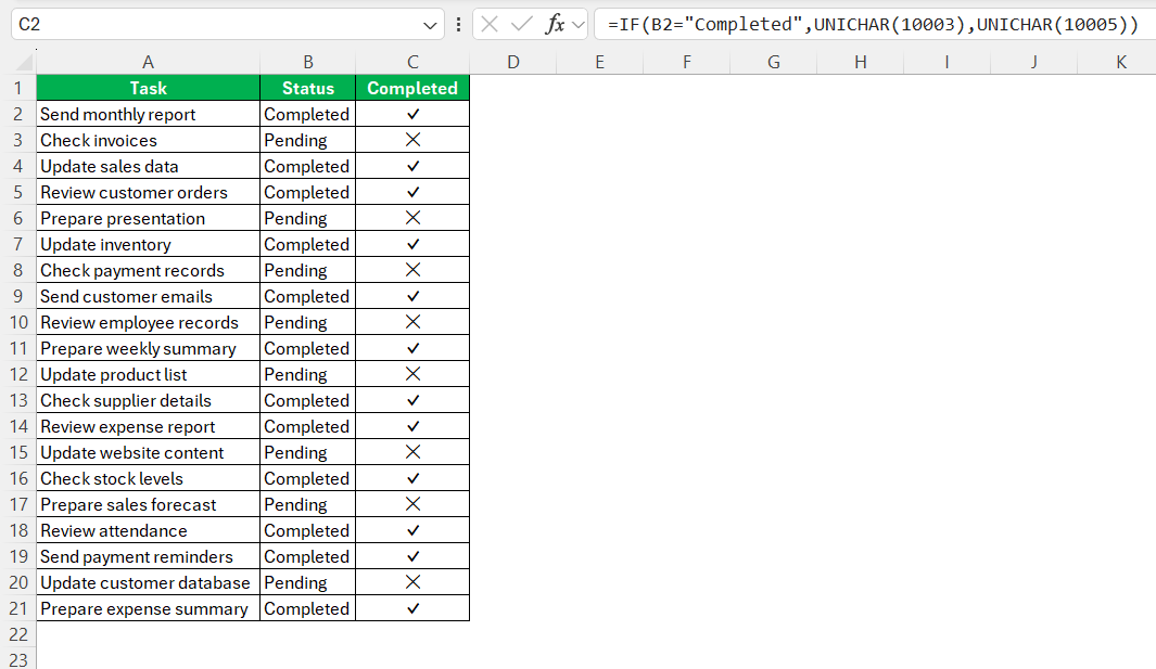 If complete show checkmark in Excel