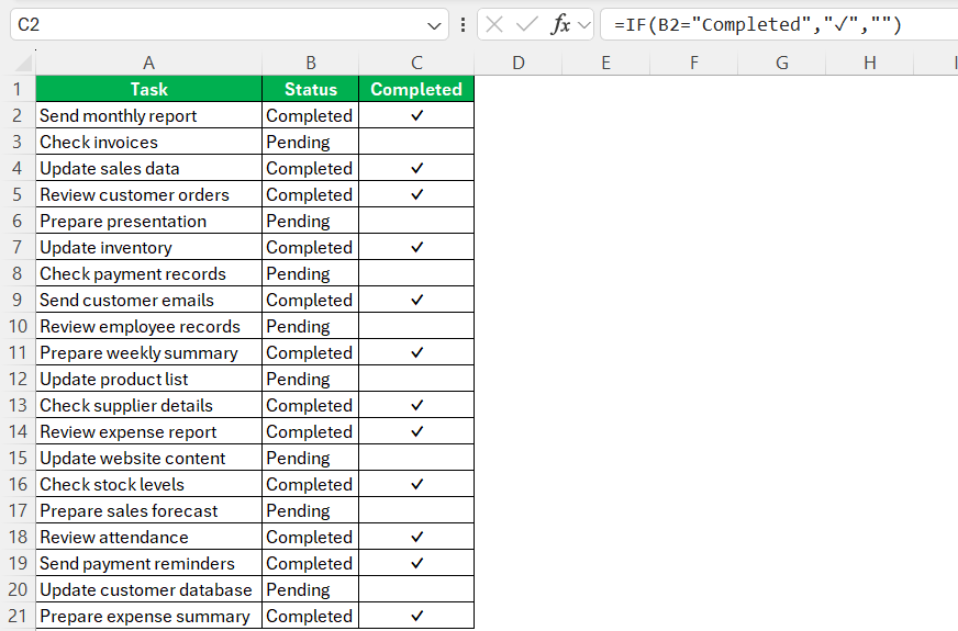 If complete show checkmark in Excel