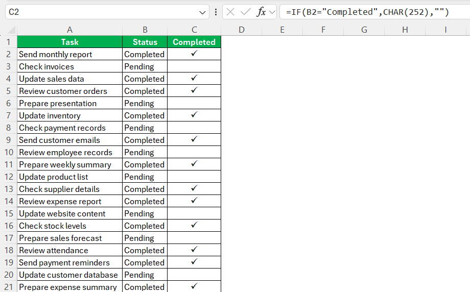 If complete show checkmark in Excel
