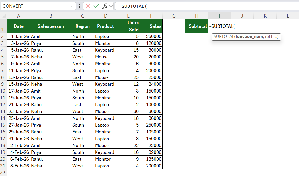 subtotal function