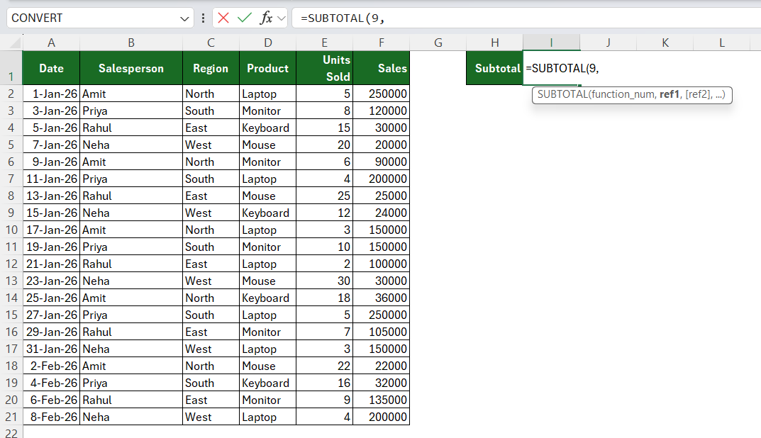 subtotal function