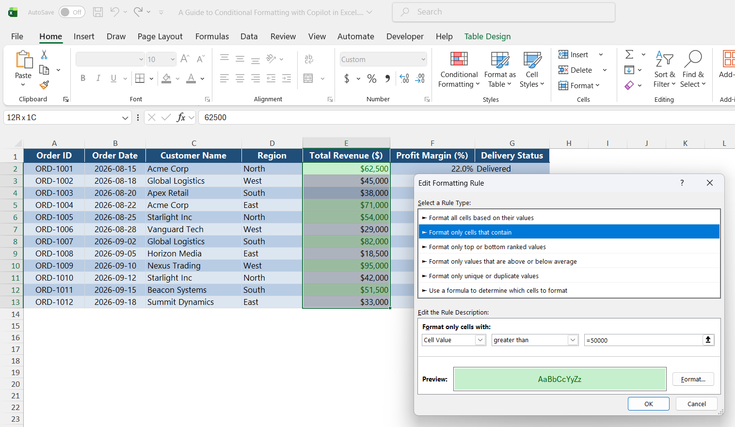 Conditional Formatting with Copilot in Excel