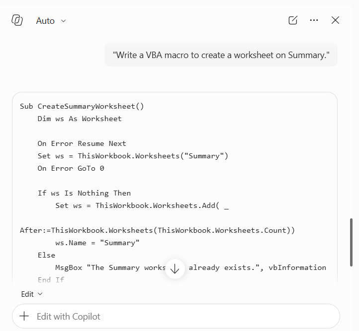 Copilot Write Excel VBA Macros