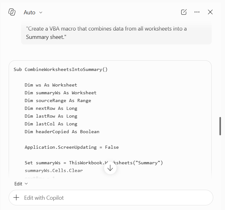 Copilot Write Excel VBA Macros